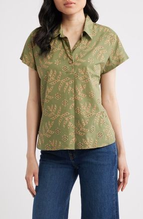 Tahari by ASL Cotton Broderie Anglaise Camp Shirt in Agave Sand at Nordstrom, Size X-Small