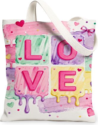 Generic Love Theme Canvas Tote Bags, Colorful Heart Design Reusable Grocery Bags, Spring Artistic Lightweight Washable Shoulder Str, Multicolor, 13x15 Inch