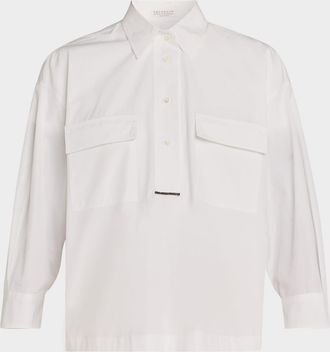 Brunello Cucinelli Monili-Trim Matte Poplin Button-Down Shirt