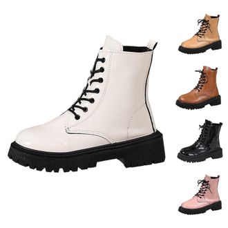 Generic Momolaa White Ankle Boots for Women Patent Leather Platform Lug Sole Combat Booties Lace up Low Block Chunky Heel Side Zipper Fall Winter Black Milita