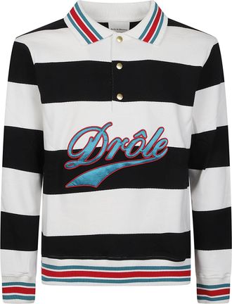 Dr&ocirc;le de Monsieur Embroidered Logo Bold Striped Long-Sleeve Cotton Polo Shirt