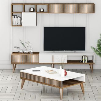 Dmora Conjunto De Muebles Para Sala Cassacco, Modular, 9 Estantes, 2 Puertas, Marr&oacute;n Nogal