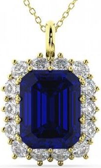 Allurez Emerald Cut Lab Grown Blue Sapphire & Diamond Pendant 14k Yellow Gold (5.68ct)