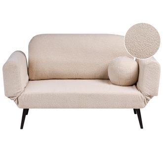 Beliani Sof&aacute; Cama Con Coj&iacute;n Redondo Tapizado De Boucl&eacute; Patas De Hierro Sala De Estar Dormitorio Beige Dorotea