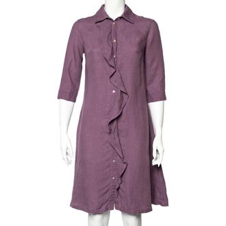 Max Mara Purple Linen Ruffle Detail Button Front Midi Dress