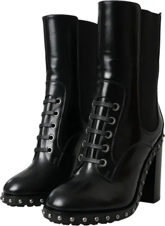 Dolce & Gabbana Womens Black Leather Studded Lace Up Boots Shoes
