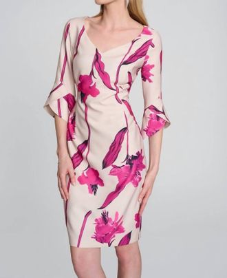 Joseph Ribkoff Woven Twill Floral Print Sheath Dress In Light Sand/pink