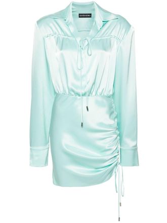 DAVID KOMA gathered-detail satin shirt dress - women - Elastane/Wool/Viscose/PBT Elite - 10 - Blue