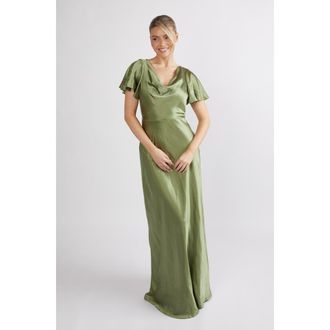 Six Stories Flutter Sleeve Satin Bridesmaid Dress in Moss Green at Nordstrom, Size 4