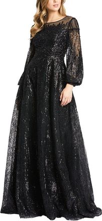 Mac Duggal Encrusted Illusion Long Sleeve A Line Gown