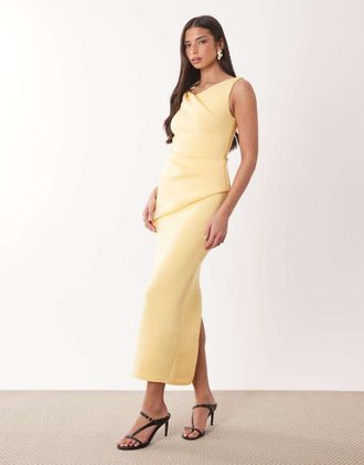 Asos Vestito midi asimmetrico drappeggiato in tessuto stile scuba color limone-Giallo
