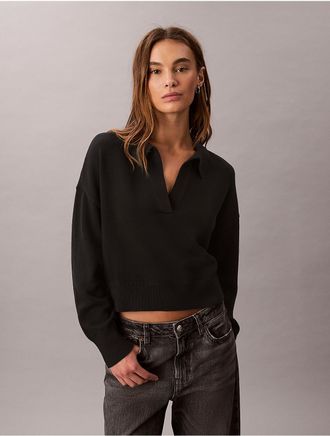Calvin Klein Womens Smooth Cotton Polo Sweater - Black - L