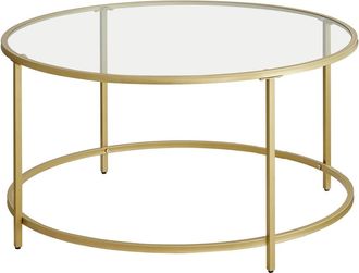 Vasagle Mesa de centro redonda de vidrio con marco de acero de color dorado