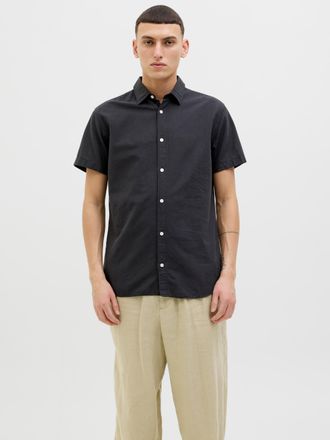 Jack & Jones Kurzarmhemd JACK & JONES JJEBREEZE SHIRT SS SN, Herren, Gr. S, N-Gr, schwarz, Web, Obermaterial: 70% Baumwolle, 30% Leinen, unifarben, slim fit taille