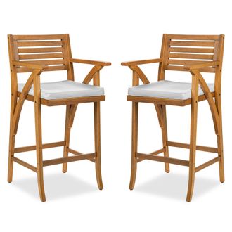 Best Choice Products Set of 2 Outdoor Acacia Wood Bar Stools Bar Chairs w/ Weather-Resistant Cushions