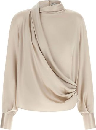 Brunello Cucinelli Overhemden, Dames, Beige, S, Satijn, Stretch-satijnen blouse