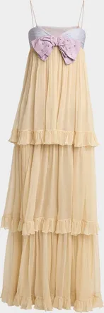Valentino Garavani Crystal Creponne Bow Tiered Chiffon Babydoll Gown