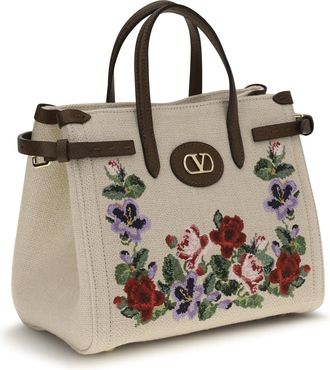 Valentino Garavani Womens Antibes Mini Handbag Embroidered Linen Ecru-Multicolor-Tabac Brown Handbags Ecru/multicolor/tabac Hand Bags