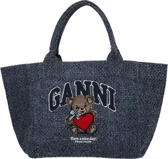 Ganni Womens Medium Handbag Trapeze Bear Denim Organic Cotton Handbags Hand Bags