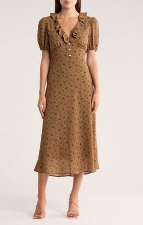 Wayf Ruffle Neck Midi Dress in Juniper Ditsy at Nordstrom Rack, Size X-Small