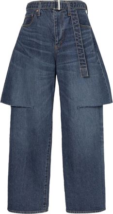 sacai Blue Cotton Layered Flap Overlay Straight-Leg Jeans
