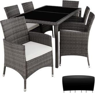 TecTake Conjunto de rat&aacute;n para 6 personas, 1 mesa 6 sillas, gris/blanco