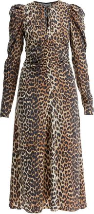 Ganni Midi Jurk met Dierenprint en Pofmouwen - Dames - Casual kleedjes - Bruin - L - Satijn - Kleedjes