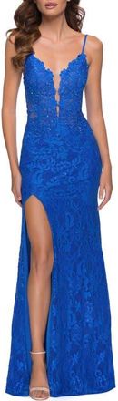 La Femme Stretch Lace Long Dress with Deep V Neckline in Royal Blue at Nordstrom, Size 12