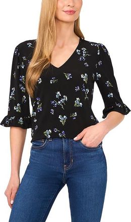 CeCe by Cynthia Steffe V-Neck Elbow Ruffled Sleeve Knit Top Womens Clothing Rich Black : XS, Polyester/Spandex