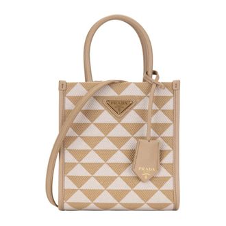 Prada Handbags, female, Beige, Size: ONE SIZE Fabric and Leather Handbag