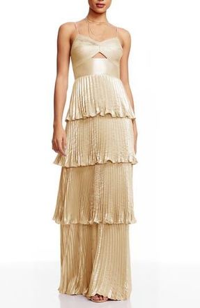Dress The Population Zahrah Tiered Pleated Satin Evening Gown in Gold at Nordstrom Rack, Size X-Large
