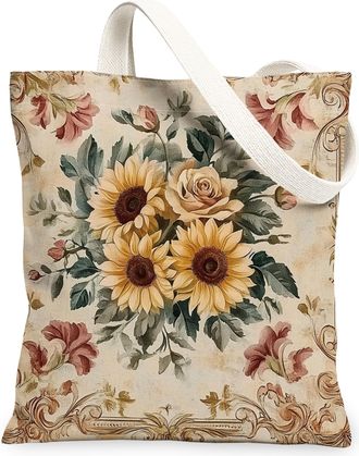 Generic Spring Aesthetic Sunflower Canvas Tote Bag for Shopping 13x15, Vintage Retro Floral Reusable Grocery Print Pattern Bag for Women Men, Abstract Flower 