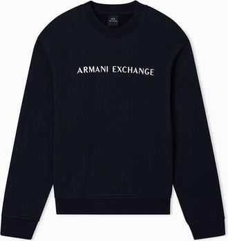 A|X Armani Exchange Mens Long Sleeve Front Logo Lettering Round Collar, Sweatshirt, Blue, S, deep navy, S