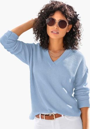 Lascana Ribbed V-Neck Sweater in Blue at Nordstrom, Size 10