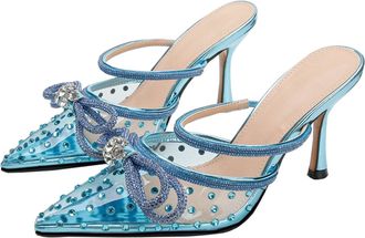 Generic Heel Sandals for Women 8.5CM Pointed toe Sexy Transparent TPU Bow Sparkling Rhinestones Party Dress Heel (Blue,10.5)