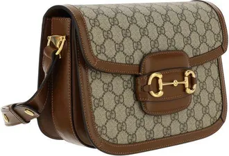 Gucci Womens Horsebit Shoulder Bag Beige Cotton Polyurethane Polyester