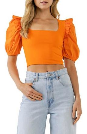 English Factory Mixed Media Puff Sleeve Crop Top in Orange at Nordstrom Rack, Size Large