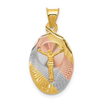 Diamond2Deal 14k Yellow Gold Rose White Rhodium Diamond-Cut Corpus Oval Pendant