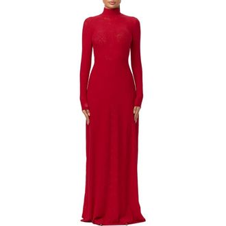 Naked Wardrobe Mock Neck Long Sleeve Lace Maxi Dress in Ruby Red at Nordstrom, Size X-Large