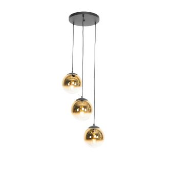 QAZQA Art D&eacute;co L&aacute;mpara Colgante Art Deco Negra Con Cristal Dorado Redondo 3 Luces - Pallon Vidrio /acero Esfera /alargada Adecuado Para Led Max. 3 X 25 Watt