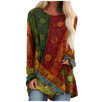 Generic Blouses for Women UK, Womens Jumpers Sweatshirts for Women UK Womens Jumper Dress Ladies Ethnic Style Printed Loose Long-Sleeved Large Size T-Shirt Sw