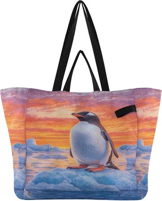 Generic Penguin Ice Orange pattern Reusable Canvas Tote Bag, Heavy Duty Grocery Shopping Bag with Double Handles Hard Bottom Large Capacity Work Groceries Tra