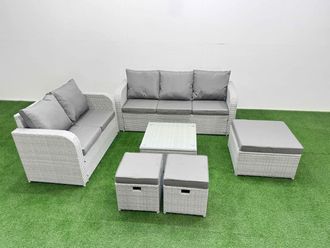 Fimous 8 Seater PE Rattan Wicker Garden Furniture Patio Conservatory Sofa Set with Square Coffee Table 3 Seater Sofa Love Sofa 3 Stool in Light Grey