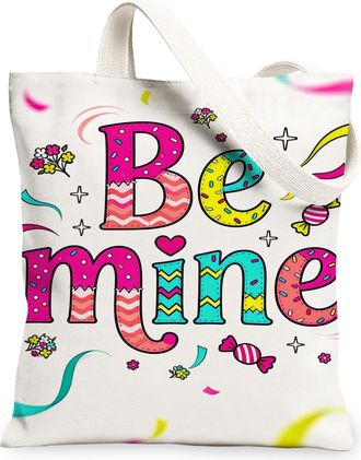 Generic ValentineS Day Candy Canvas Tote Bags, Colorful Fun Design Reusable Grocery Bags, Lightweight Washable Shoulder Strap Canv, White, 13x15 Inch