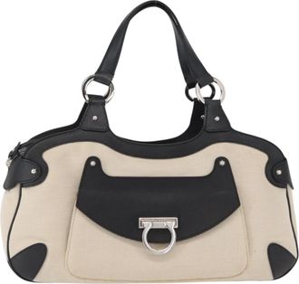 Ferragamo Gancini Handbag Canvas And Leather Silver Canvas Handbag (Pre-Owned)