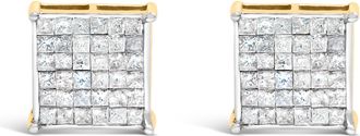 House of Brilliance 10K Yellow Gold 2.0 Cttw Invisible-Set Princess-Cut Diamond Stud Earrings