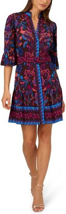 Adrianna Papell Floral Flounce Belted Dress in Brown Multi at Nordstrom, Size 10