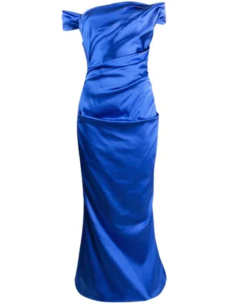 Talbot Runhof off-shoulder gathered-detail evening gown - women - Acetate/Polyamide/Viscose/Elastane/Polyester - 40 - Blue