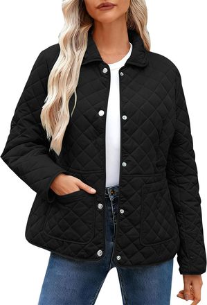 Generic Womens Quilted Jackets Uk - Diamond Lightweight Padded Coat, Long Sleeve Casual Loose Puffer Jacket, Pockets, Oversized Lapel Collar Button Down Pullo