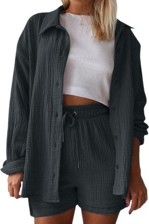 Generic 2 Piece Cotton Linen Set Women, Long Sleeve Blouses Tops and Wide Leg Shorts Co Ord Sets Tracksuit Oversized Loungewear Sets Y2k Aesthetic Clothes Lou